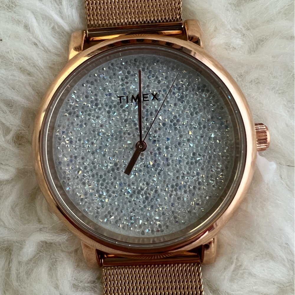 Timex Crystal Opulence rose gold steel mesh bracelet watch